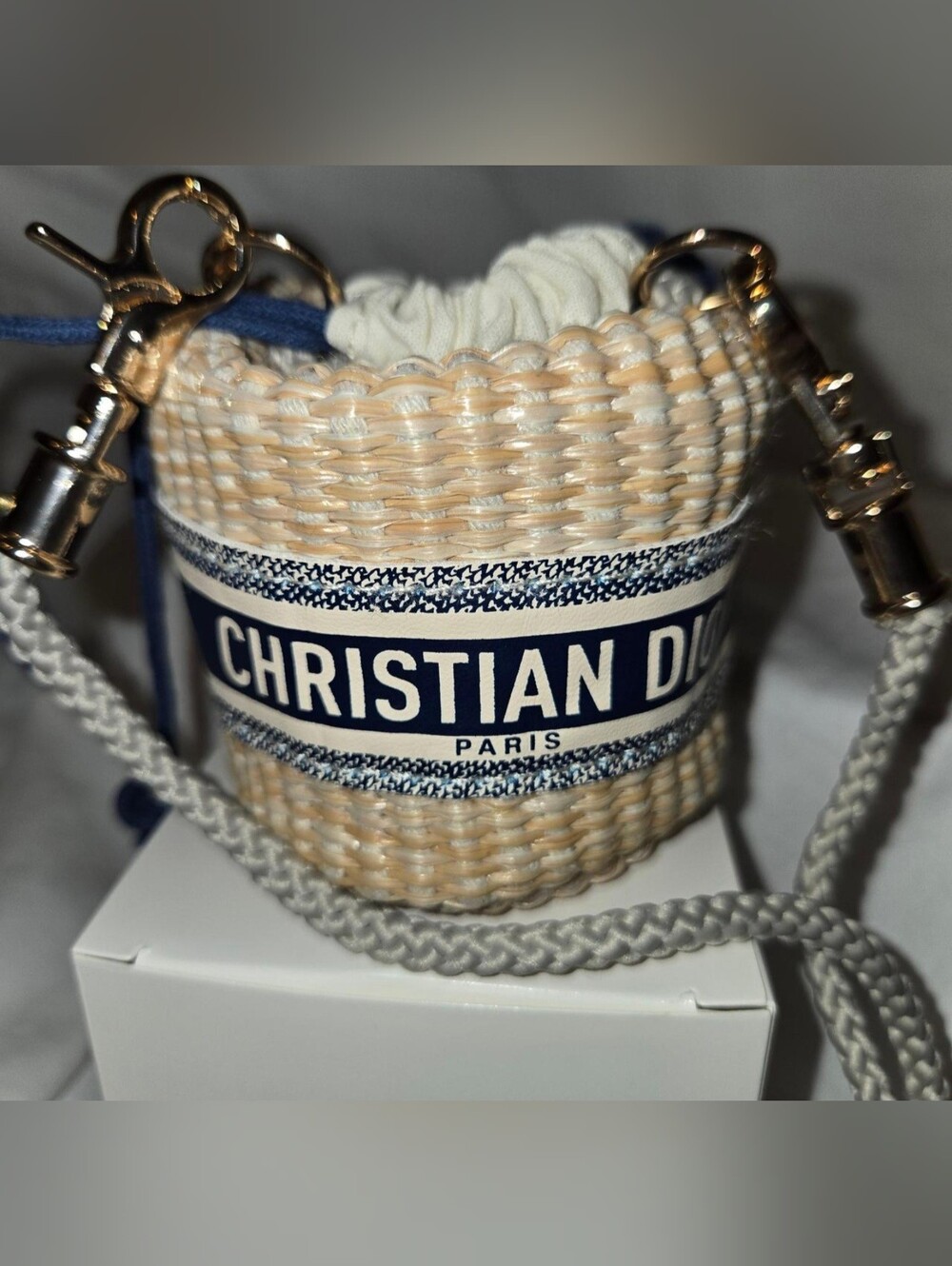 Dior Beige Woven Mini Bucket Bag with Navy Logo Band